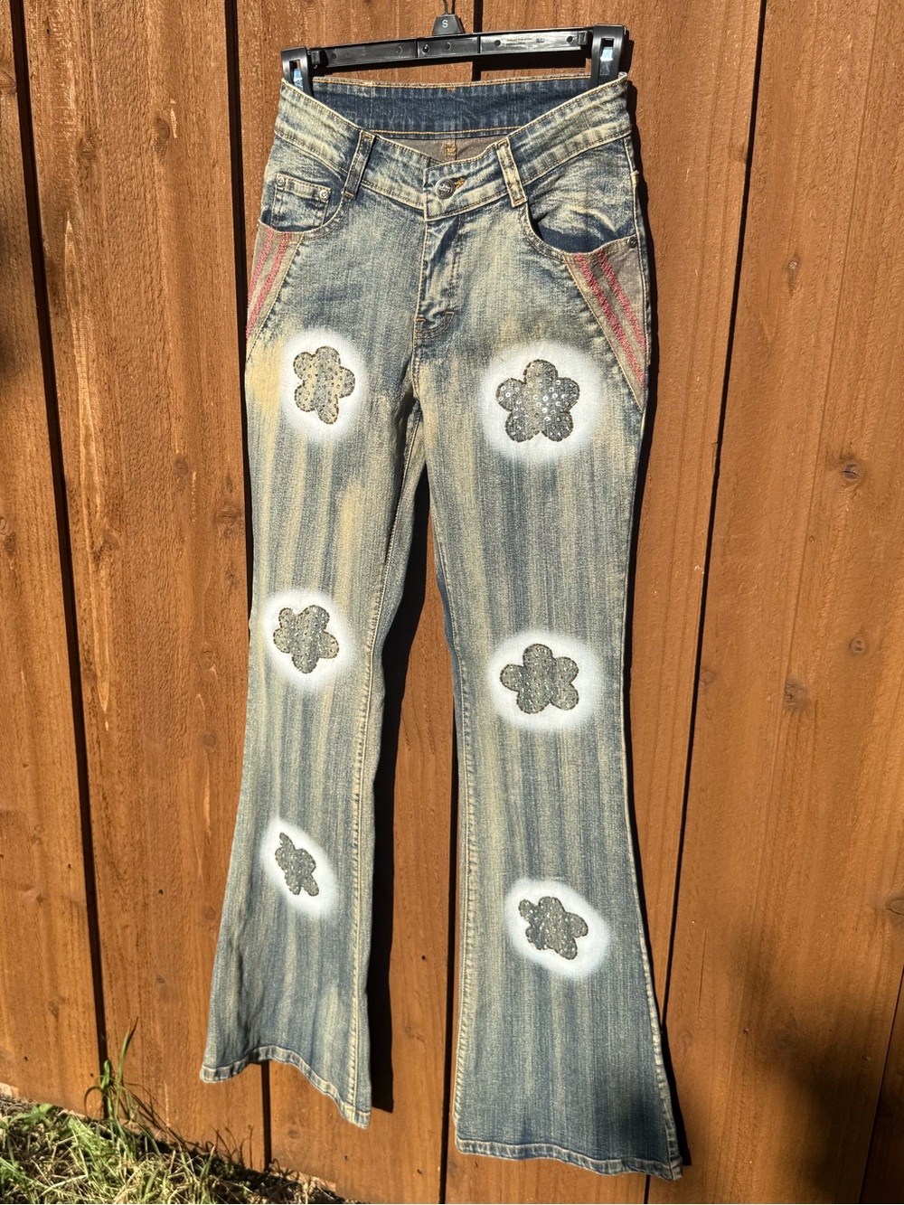 Women's Blue Washed Flare Jeans with Embroidered Floral Patches